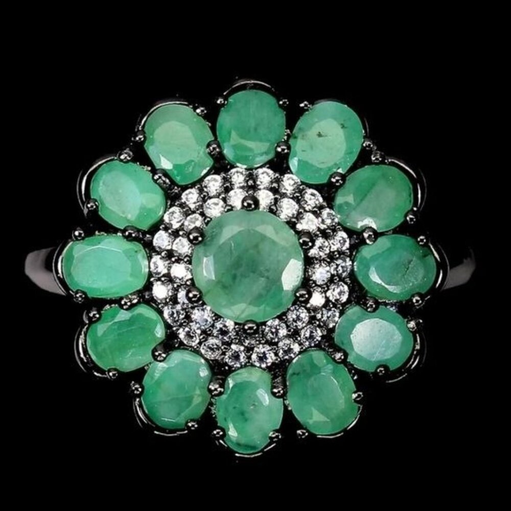 Natural Green Emerald 5mm & Cz 925 Sterling Silver Ring Size 7.5